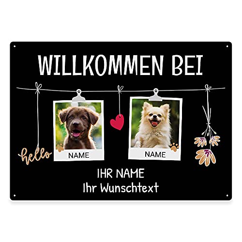 Hunde Schild personalisiert - Willkommen bei - Metallschild mit Foto und Name für außen, wetterfestes Türschild für Hundebesitzer - ca. DIN A4-28 x 20 cm, zwei Tiere, schwarz von PfotenSchild