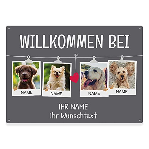 Hunde Schild personalisiert - Willkommen bei - Metallschild mit Foto und Name für außen, wetterfestes Türschild für Hundebesitzer - ca. DIN A4-28 x 20 cm, vier Tiere, grau von PfotenSchild