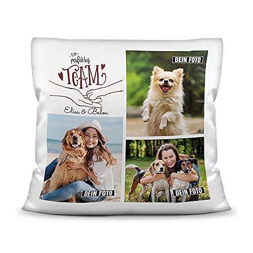 Kissen mit Füllung - Fotocollage - EIN perfektes Team - Hundecollage - mit DREI Fotos und Wunschtext selbst gestalten Weiß, 40 x 40 cm von PfotenSchild