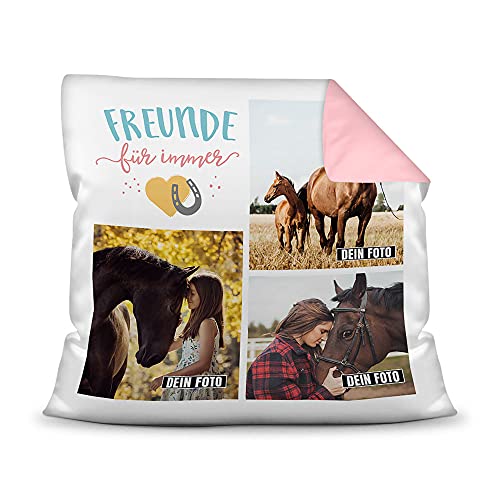 Pferde Kissen mit Füllung - Fotocollage - Pferdefreunde für Immer - mit DREI Fotos selbst gestalten - Geschenk für Pferdeliebhaber - Farbkissen Rückseite Rosa, 40 x 40 cm von PfotenSchild