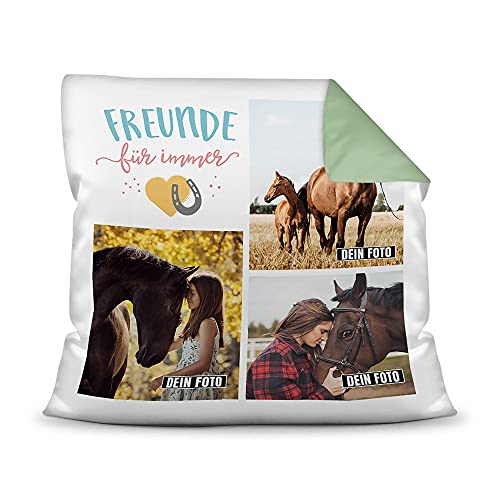 Pferde Kissen mit Füllung - Fotocollage - Pferdefreunde für Immer - mit DREI Fotos selbst gestalten - Geschenk für Pferdeliebhaber - Farbkissen Rückseite Seegrün, 40 x 40 cm von PfotenSchild