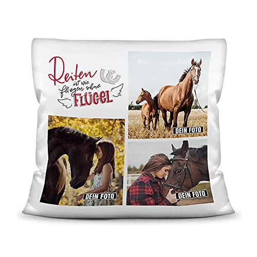 Pferde Kissen mit Füllung - Fotocollage - Reiten ist wie fliegen - mit DREI Fotos selbst gestalten - Geschenk für Pferdeliebhaber - Weiß, 40 x 40 cm von PfotenSchild