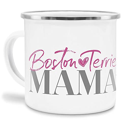 Emaille Tasse - Hunderassen Mama - Metalltasse für Hundefreunde - Persönliche Geschenkidee - Hundetasse für Hundemama Boston Terrier Rand Silber - 300 ml von PfotenSchild