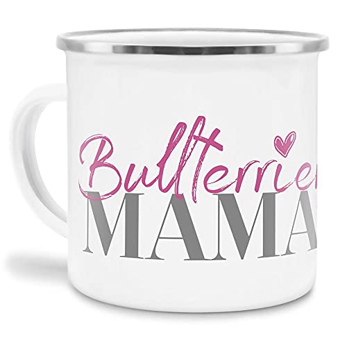 Emaille Tasse - Hunderassen Mama - Metalltasse für Hundefreunde - Persönliche Geschenkidee - Hundetasse für Hundemama Bullterrier Rand Silber - 300 ml von PfotenSchild