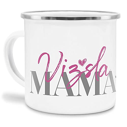 Emaille Tasse - Hunderassen Mama - Metalltasse für Hundefreunde - Persönliche Geschenkidee - Hundetasse für Hundemama Vizsla Rand Silber - 300 ml von PfotenSchild