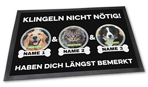 PfotenSchild Fußmatte mit DREI Hunden - Klingeln Nicht nötig - Personalisiert mit WUNSCHFOTOS und Wunschnamen Hundebesitzer - 60 x 40 cm von PfotenSchild