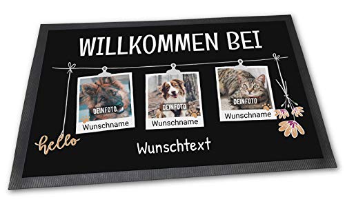 PfotenSchild Fußmatte mit Spruch - Willkommen bei - mit Wunschfotos und Wunschnamen der Haustiere - Geschenkidee für Haustierbesitzer - DREI Tiere - 60 x 40 cm von PfotenSchild