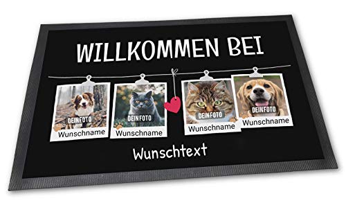 PfotenSchild Fußmatte mit Spruch - Willkommen bei - mit Wunschfotos und Wunschnamen der Haustiere - Geschenkidee für Haustierbesitzer - Vier Tiere - 60 x 40 cm von PfotenSchild