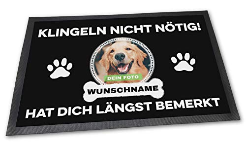 PfotenSchild Fußmatte mit eigenem Hund - Klingeln Nicht nötig - Personalisiert mit WUNSCHFOTO und Wunschname Hundebesitzer - 75 x 50 cm von PfotenSchild