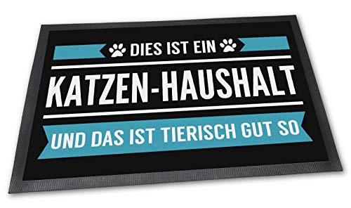 PfotenSchild Fußmatte mit lustigem Spruch - Dies ist EIN Katzen-Haushalt - Beste Geschenkidee für Katzenbesitzer - 75 x 50 cm von PfotenSchild