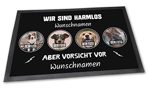 PfotenSchild Fußmatte zum selbst Gestalten - Wir sind harmlos, Aber Vorsicht vor - mit Spruch, Wunschfotos und Namen für Vier Haustiere Plus Wunschtext der Haustierbesitzer - 60 x 40 cm von PfotenSchild