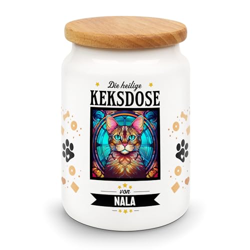 Große Leckerlidose als Heilige Keksdose für Katzen gestalten - personalisiert mit Namen und Buntglas-Motiv (30 Katzenrassen zur Wahl) - hygienische und praktische Aufbewahrung von PfotenSchild