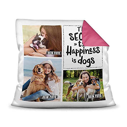 PfotenSchild Hunde Kissen mit Füllung - Fotocollage - Dogs Are Happiness - mit DREI Fotos selbst gestalten - Geschenk für Hundebesitzer - Farbkissen Rückseite Pink, 40 x 40 cm PfotenSchild Hunde Kissen mit Füllung - Fotocollage - Dogs Are Happiness - mit DREI Fotos selbst gestalten - Geschenk für Hundebesitzer - Farbkissen Rückseite Pink, 40 x 40 cm von PfotenSchild