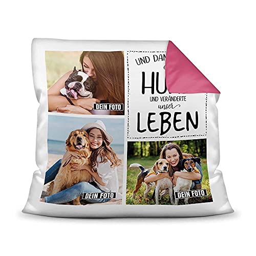 PfotenSchild Hunde Kissen mit Füllung - Fotocollage - Unser Leben mit Hund - mit DREI Fotos selbst gestalten - Geschenk für Hundebesitzer - Farbkissen Rückseite Pink, 40 x 40 cm von PfotenSchild
