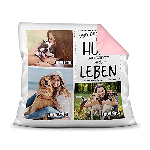 PfotenSchild Hunde Kissen mit Füllung - Fotocollage - Unser Leben mit Hund - mit DREI Fotos selbst gestalten - Geschenk für Hundebesitzer - Farbkissen Rückseite Rosa, 40 x 40 cm von PfotenSchild