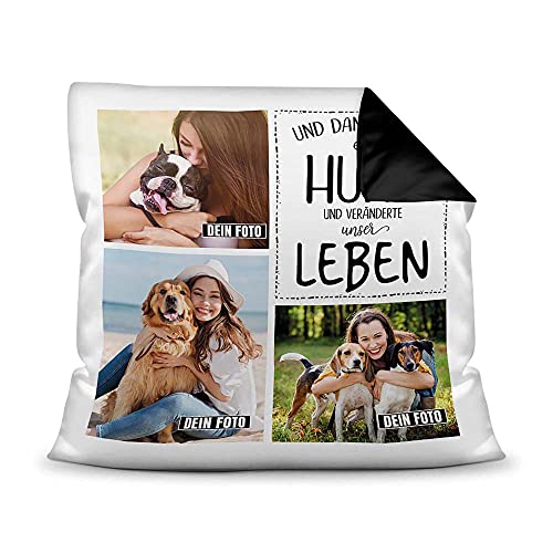 PfotenSchild Hunde Kissen mit Füllung - Fotocollage - Unser Leben mit Hund - mit DREI Fotos selbst gestalten - Geschenk für Hundebesitzer - Farbkissen Rückseite Schwarz, 40 x 40 cm von PfotenSchild