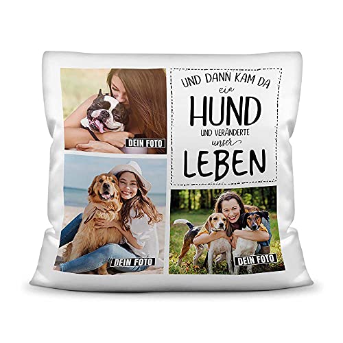 PfotenSchild Hunde Kissen mit Füllung - Fotocollage - Unser Leben mit Hund - mit DREI Fotos selbst gestalten - Geschenk für Hundebesitzer - Weiß, 40 x 40 cm von PfotenSchild