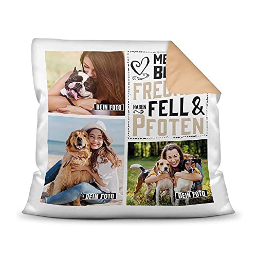 PfotenSchild Hunde Kissen mit Füllung - Fotocollage - Vierbeiner Meine besten Freunde - mit DREI Fotos selbst gestalten - Geschenk für Hundebesitzer - Farbkissen Rückseite Mokka, 40 x 40 cm von PfotenSchild