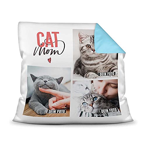 Katzen Kissen mit Füllung - Fotocollage - Cat Mom - mit DREI Fotos selbst gestalten - Geschenk für Katzenliebhaber - Farbkissen Rückseite Hellblau, 40 x 40 cm von PfotenSchild