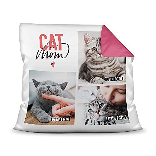 PfotenSchild Katzen Kissen mit Füllung - Fotocollage - Cat Mom - mit DREI Fotos selbst gestalten - Geschenk für Katzenliebhaber - Farbkissen Rückseite Pink, 40 x 40 cm von PfotenSchild