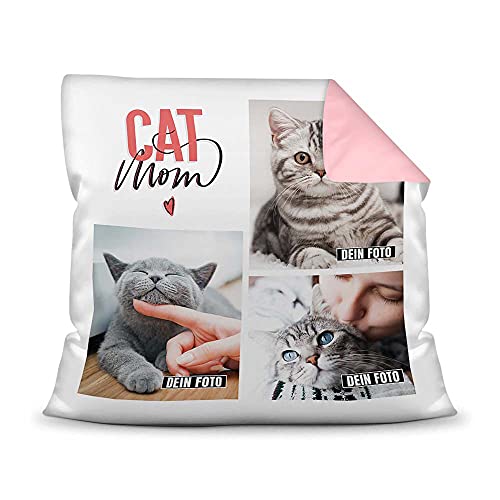 PfotenSchild Katzen Kissen mit Füllung - Fotocollage - Cat Mom - mit DREI Fotos selbst gestalten - Geschenk für Katzenliebhaber - Farbkissen Rückseite Rosa, 40 x 40 cm von PfotenSchild