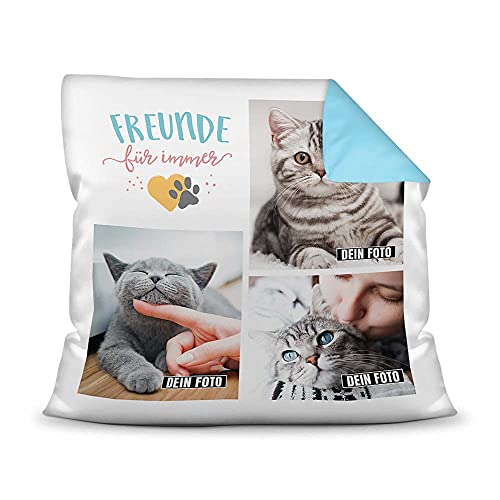 PfotenSchild Katzen Kissen mit Füllung - Fotocollage - Freunde für Immer - mit DREI Fotos selbst gestalten - Geschenk für Katzenliebhaber - Farbkissen Rückseite Hellblau, 40 x 40 cm von PfotenSchild