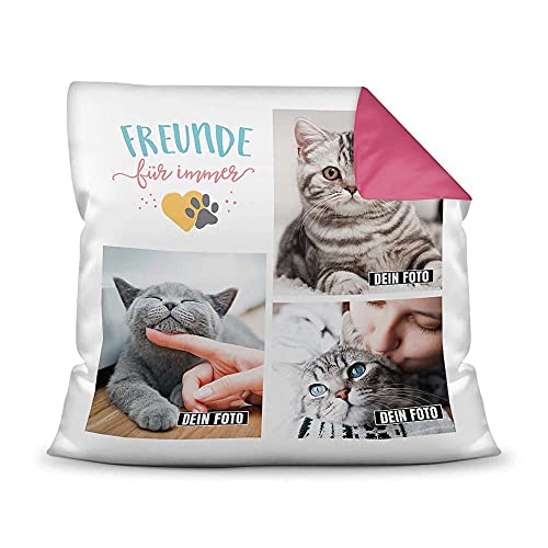Katzen Kissen mit Füllung - Fotocollage - Freunde für Immer - mit DREI Fotos selbst gestalten - Geschenk für Katzenliebhaber - Farbkissen Rückseite Pink, 40 x 40 cm von PfotenSchild
