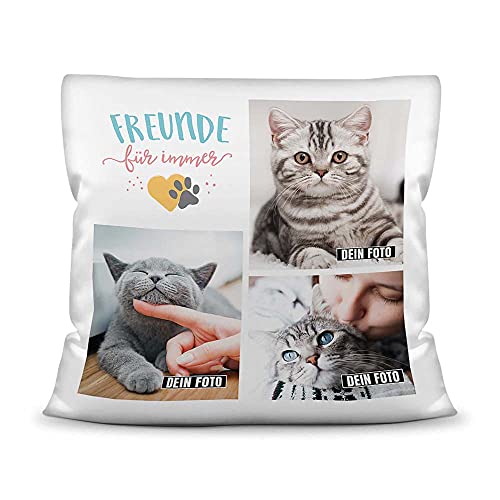 PfotenSchild Katzen Kissen mit Füllung - Fotocollage - Freunde für Immer - mit DREI Fotos selbst gestalten - Geschenk für Katzenliebhaber - Weiß, 40 x 40 cm von PfotenSchild