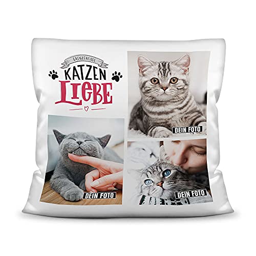 PfotenSchild Katzen Kissen mit Füllung - Fotocollage - Katzenliebe - mit DREI Fotos selbst gestalten - Geschenk für Katzenliebhaber - Weiß, 40 x 40 cm von PfotenSchild