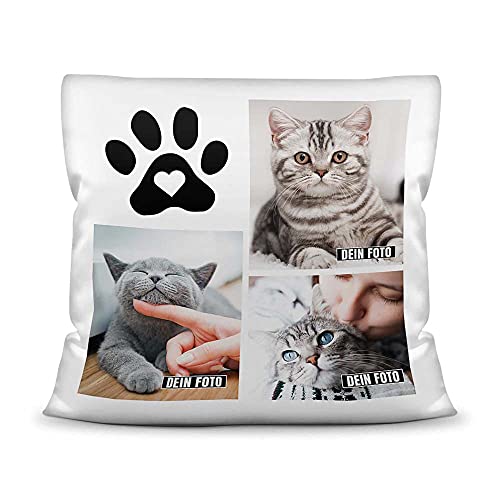 PfotenSchild Katzen Kissen mit Füllung - Fotocollage - Katzenpfote - mit DREI Fotos selbst gestalten - Geschenk für Katzenliebhaber - Weiß, 40 x 40 cm von PfotenSchild