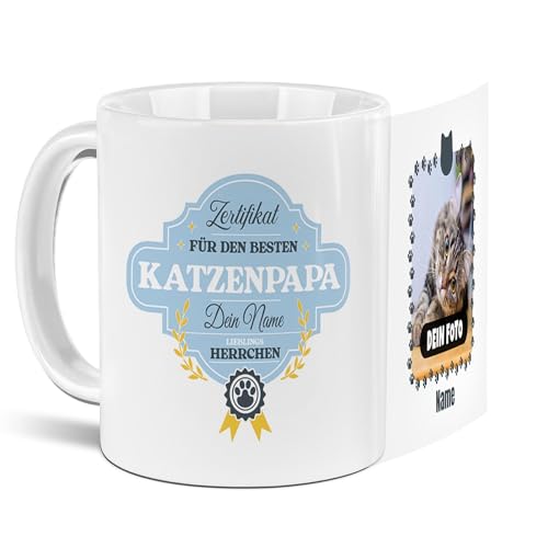 PfotenSchild Katzen-Tasse mit Foto und 2 Namen Zertifikat - Bester Katzenpapa - Geschenk für Katzenbesitzer zum Geburtstag | Personalisiertes Geschenk, 300 ml von PfotenSchild