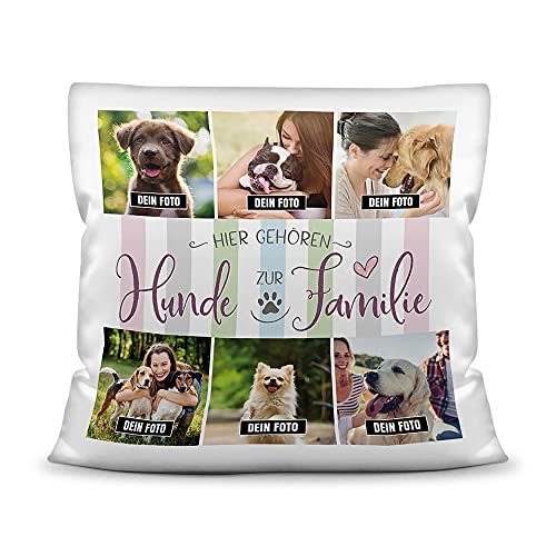 PfotenSchild Kissen mit Füllung - Fotocollage - Hier gehören Hunde zur Familie - Schöne Collage von den Vierbeinern - mit sechs Fotos selbst gestalten - Kissen Polyester Weiß, 40 x 40 cm von PfotenSchild