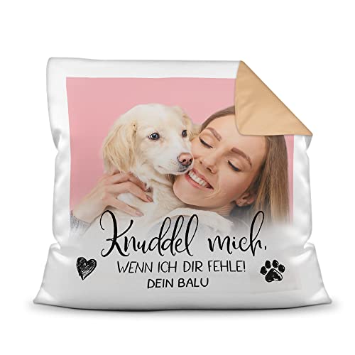 PfotenSchild Personalisiertes Foto-Kissen mit Füllung - Knuddel Mich, wenn ich dir fehle - mit Namen selbst gestalten - für Hunde, Katzen und andere Haustiere | Rückseite Mokka von PfotenSchild