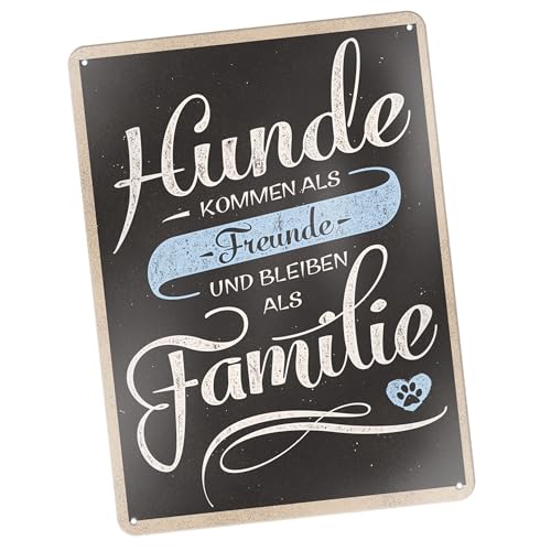 PfotenSchild Retro Blechschild - Hunde kommen als Freunde und bleiben als Familie - als Geschenk und Deko für Hundebesitzer Metallschild A4, (30x21 cm) von PfotenSchild