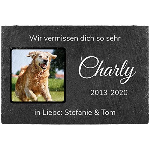 Schieferplatte Gedenktafel für Hund & Katze - mit Foto, Name und Wunschtext selbst gestalten - Tiergrabstein, wetterfest - Schiefertafel 20x30cm I personalisiert von PfotenSchild