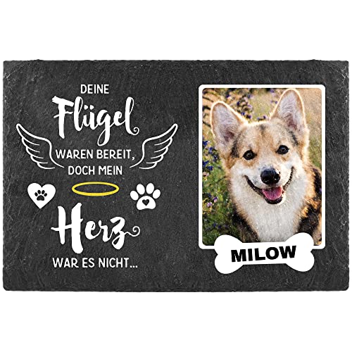 PfotenSchild Schieferplatte Gedenktafel für Hund & Katze - mit Foto und Name Bedrucken - Deine Flügel...Mein Herz - Tiergrabstein, wetterfest - Schiefertafel 20x30cm I personalisiert PfotenSchild Schieferplatte Gedenktafel für Hund & Katze - mit Foto und Name Bedrucken - Deine Flügel...Mein Herz - Tiergrabstein, wetterfest - Schiefertafel 20x30cm I personalisiert von PfotenSchild
