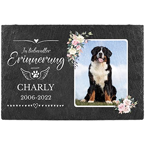 PfotenSchild Schieferplatte Gedenktafel für Hund & Katze - mit Foto und Name Bedrucken - In liebevoller Erinnerung - Tiergrabstein, wetterfest - Schiefertafel 20x30cm I personalisiert von PfotenSchild