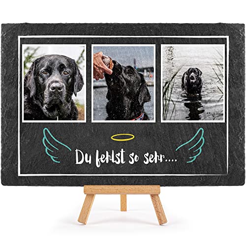 PfotenSchild Schieferplatte Gedenktafel für Hund & Katze - mit Fotocollage Bedrucken - Du fehlst! - Tiergrabstein, wetterfest - Schiefertafel 20x30cm I personalisierte Erinnerung von PfotenSchild