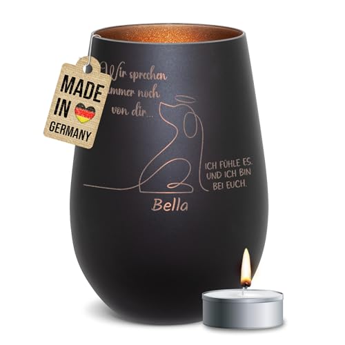 PfotenSchild Schwarzes Trauer Windlicht mit Gravur für Hunde - Wir sprechen Immer noch von dir - personalisiert mit Name - Trauergeschenk für Hundebesitzer | inkl. Teelicht, Innen Bronze von PfotenSchild