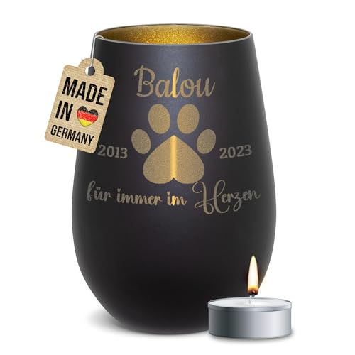PfotenSchild Schwarzes Windlicht mit Gravur als Trauerlicht und Erinnerung an verstorbene Tiere - Für Immer im Herzen - personalisiert mit Name & Datum - | inkl. Teelicht, Innen Gold von PfotenSchild