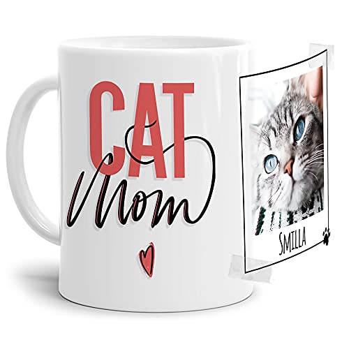 Tasse mit Spruch - Collage personalisieren - Catmom - Katzentasse - Für Katzenliebhaber und Katzenbesitzer - 1 Bild + 1 Name, Weiß, 300 ml von PfotenSchild