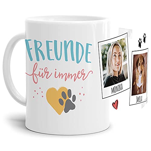 Tasse mit Spruch - Collage personalisieren - Freunde für immer - Hundetasse - Für Hundeliebhaber und Hundebesitzer - 2 Bilder + 2 Namen, Weiß, 300 ml von PfotenSchild