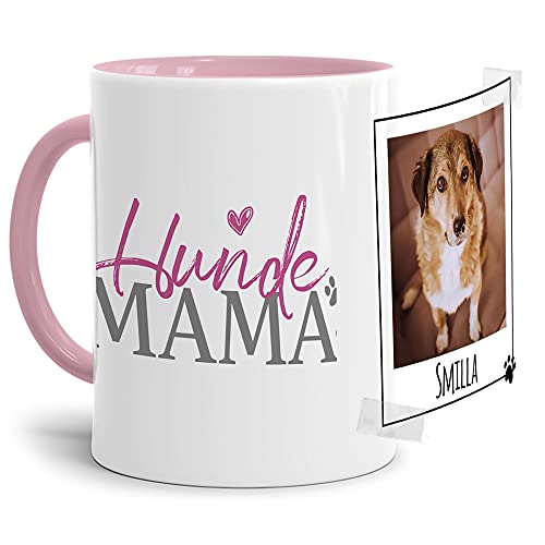 Tasse mit Spruch - Collage personalisieren - Hundemama - Für Hundeliebhaber und Hundebesitzer - 1 Bild + 1 Name, Innen & Henkel Rosa, 300 ml von PfotenSchild