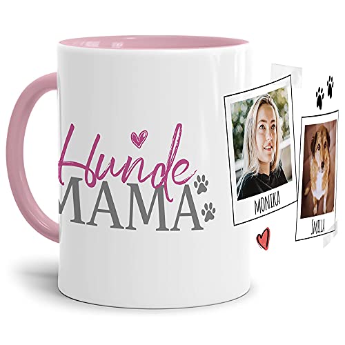 Tasse mit Spruch - Collage personalisieren - Hundemama - Für Hundeliebhaber und Hundebesitzer - 2 Bilder + 2 Namen, Innen & Henkel Rosa, 300 ml von PfotenSchild