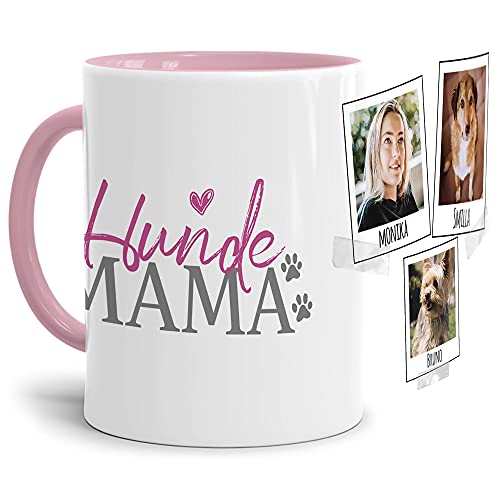 Tasse mit Spruch - Collage personalisieren - Hundemama - Für Hundeliebhaber und Hundebesitzer - 3 Bilder + 3 Namen, Innen & Henkel Rosa, 300 ml von PfotenSchild