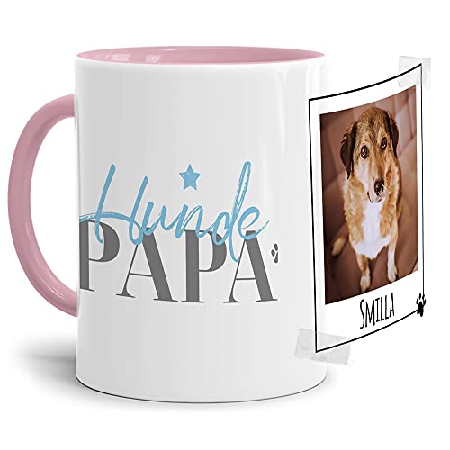 Tasse mit Spruch - Collage personalisieren - Hundepapa - Hundetasse - Für Hundeliebhaber und Hundebesitzer - 1 Bild + 1 Name, Innen & Henkel Rosa, 300 ml von PfotenSchild