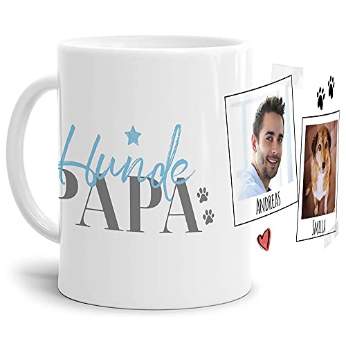 Tasse mit Spruch - Collage personalisieren - Hundepapa - Hundetasse - Für Hundeliebhaber und Hundebesitzer - 2 Bilder + 2 Namen, Weiß, 300 ml von PfotenSchild