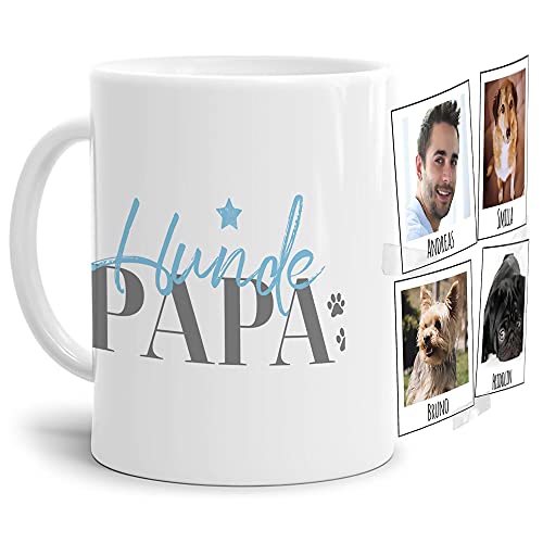 Tasse mit Spruch - Collage personalisieren - Hundepapa - Hundetasse - Für Hundeliebhaber und Hundebesitzer - 4 Bilder + 4 Namen, Weiß, 300 ml von PfotenSchild