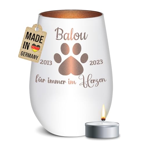 PfotenSchild Weißes Windlicht mit Gravur als Trauerlicht und Erinnerung an verstorbene Tiere - Für Immer im Herzen - personalisiert mit Name & Datum - | inkl. Teelicht, Innen Bronze von PfotenSchild