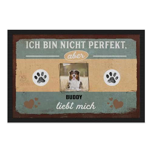 PfotenSchild personalisierte Fußmatte für Hunde und Katzen selbst gestalten - Ich Bin Nicht perfekt, Aber... - individuell mit Foto & Name - EIN Tier, eine Person - 75 x 50 cm von PfotenSchild